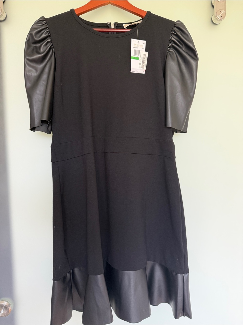 Michael Kors NWT Women's Black Puff Sleeve Dress with Faux Leather Trim. Size L